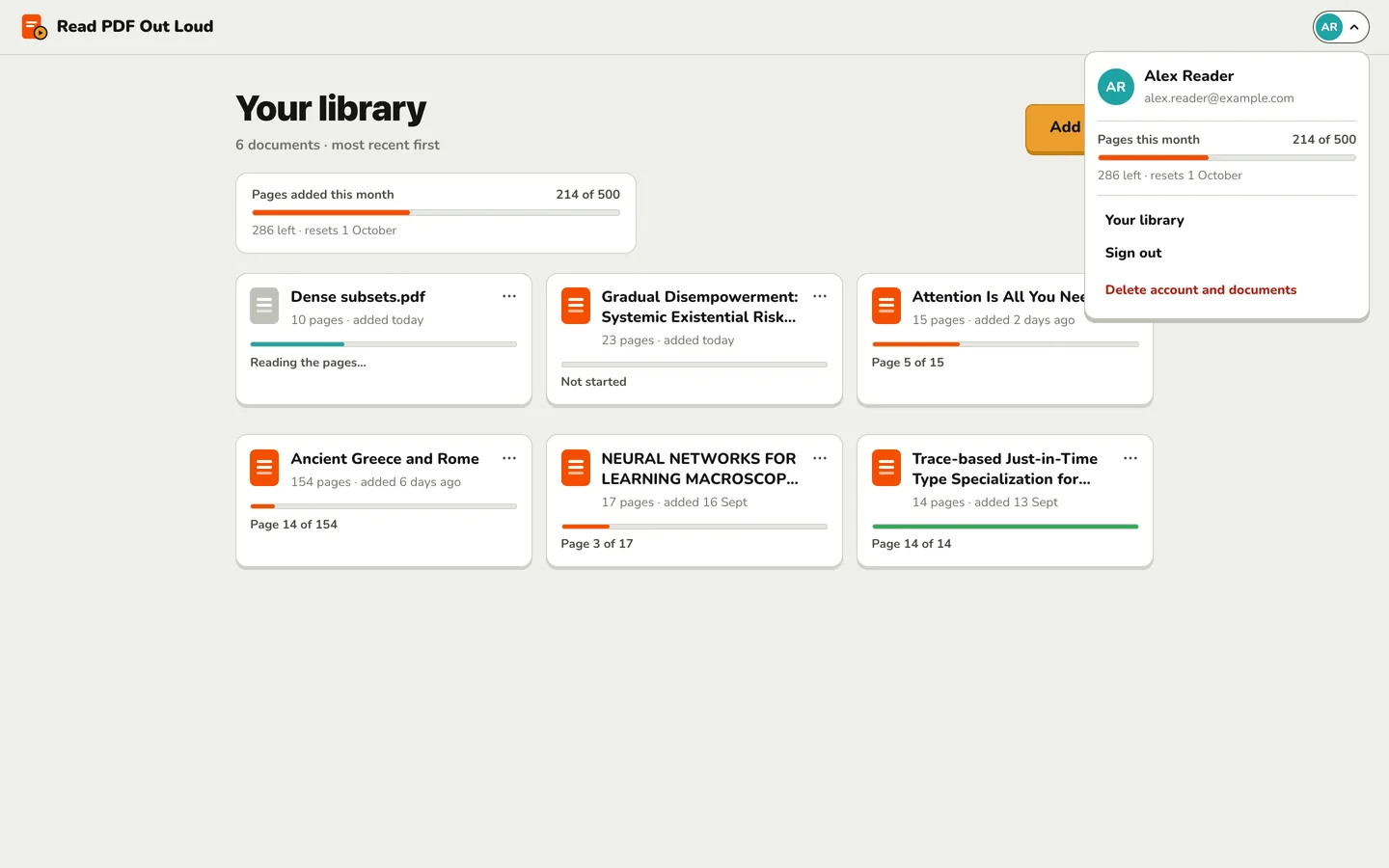 The account menu open over the library, showing the reader's name and email, 214 of 500 pages added this month, and links to the library, signing out and deleting the account.