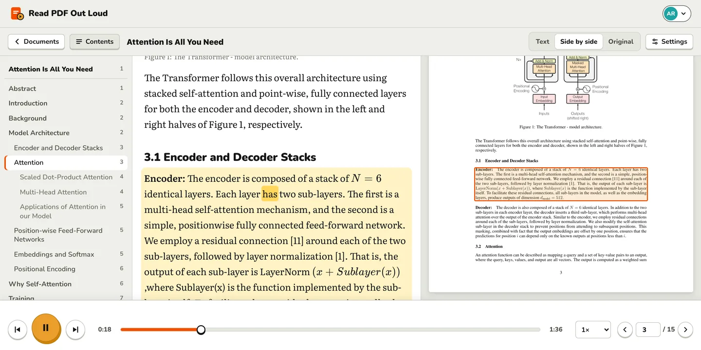 The reader: a table of contents on the left, the text of a research paper with the paragraph being read highlighted in the middle, and the original PDF page on the right with the same paragraph framed.