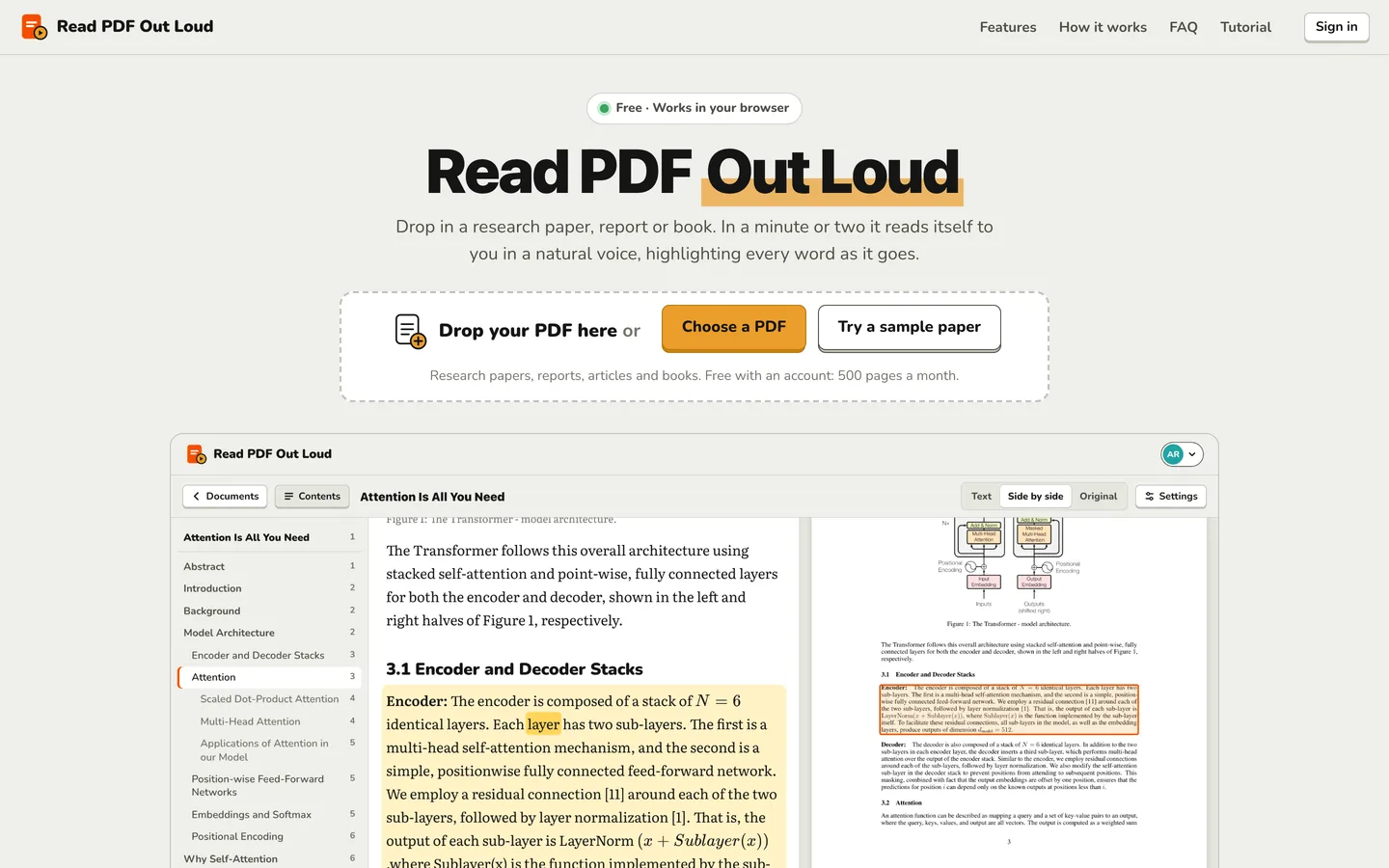 The Read PDF Out Loud home page, with an area to drop a PDF, a Choose a PDF button and a Try a sample paper button.