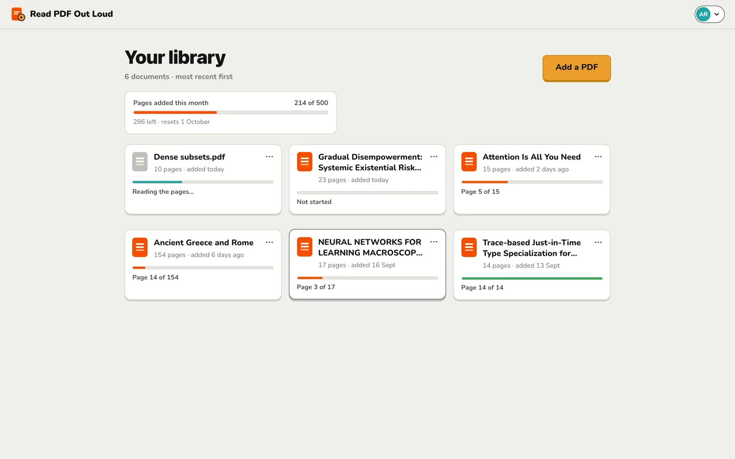 The library: six documents shown as cards with reading progress bars, an Add a PDF button, and a box showing 214 of 500 pages added this month.