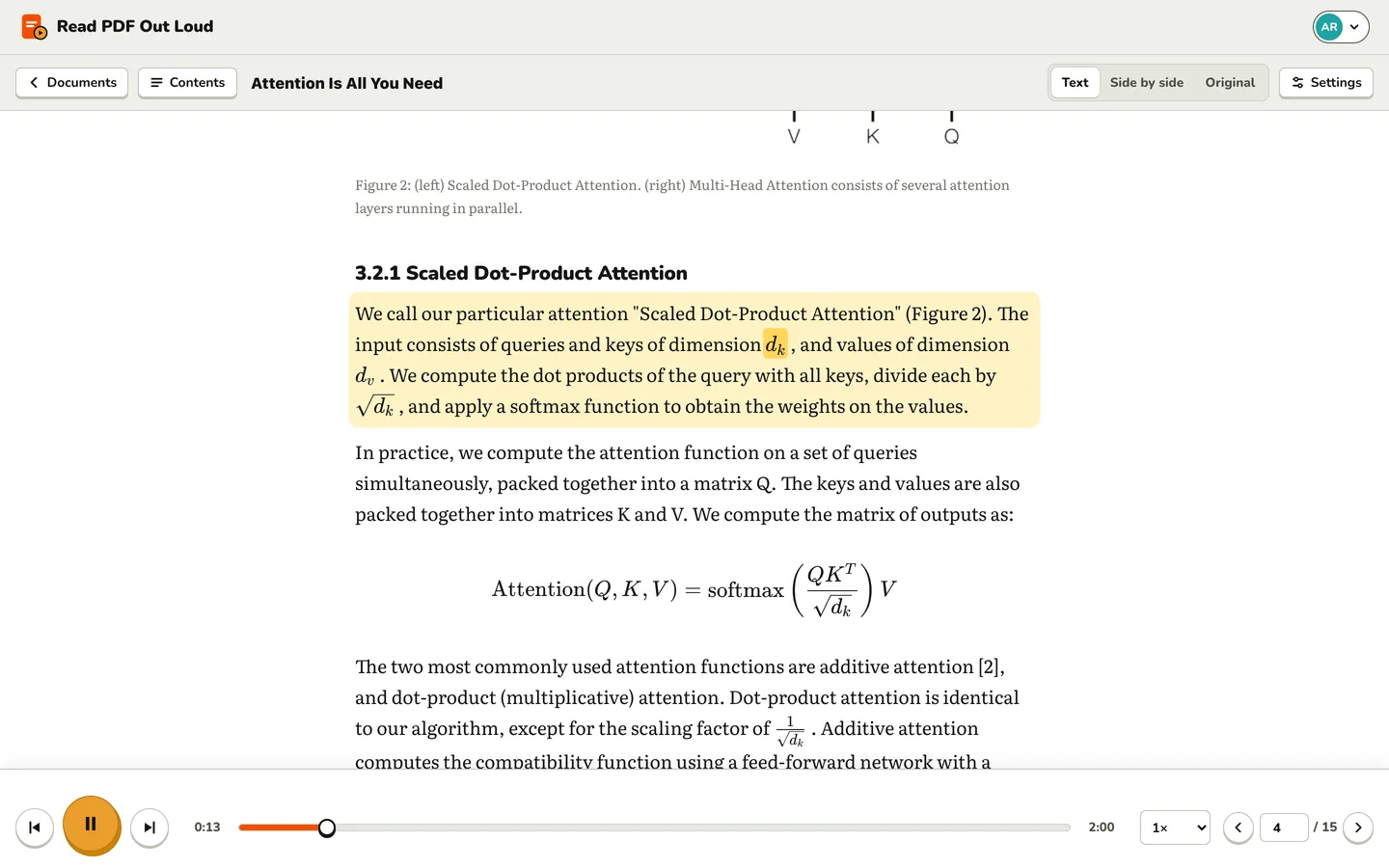 A page of a research paper being read aloud: the sentence being read is shaded yellow and the spoken word is highlighted, above an equation and the player controls.