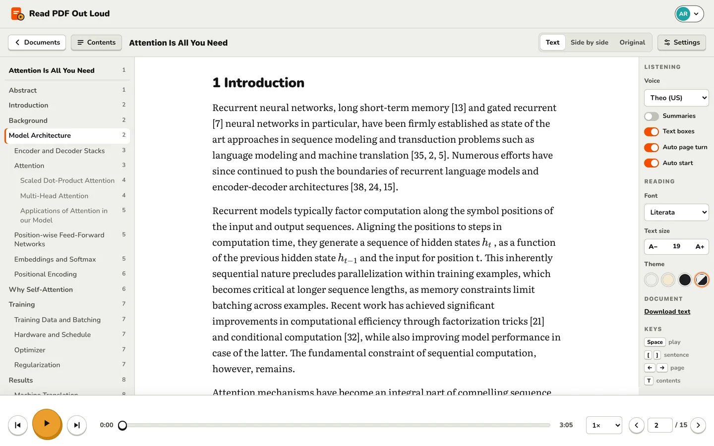 The reader with the contents panel on the left and the settings panel on the right, showing the voice, switches for summaries, text boxes, auto page turn and auto start, and the font, text size and theme.
