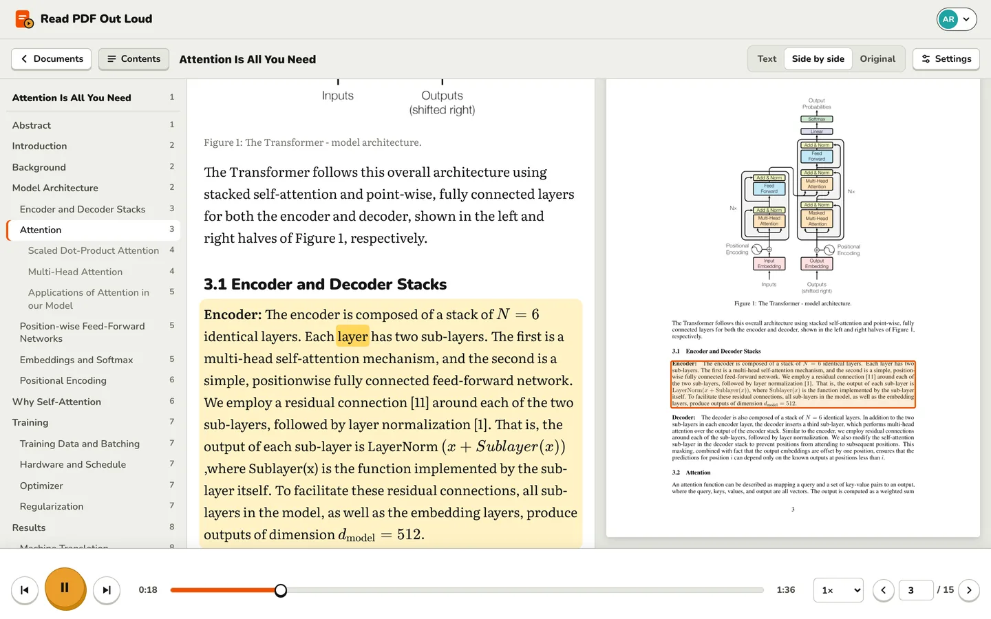 Side by side view: the table of contents on the left, the text with the paragraph being read highlighted in the middle, and the original PDF page on the right with the same paragraph framed in orange.