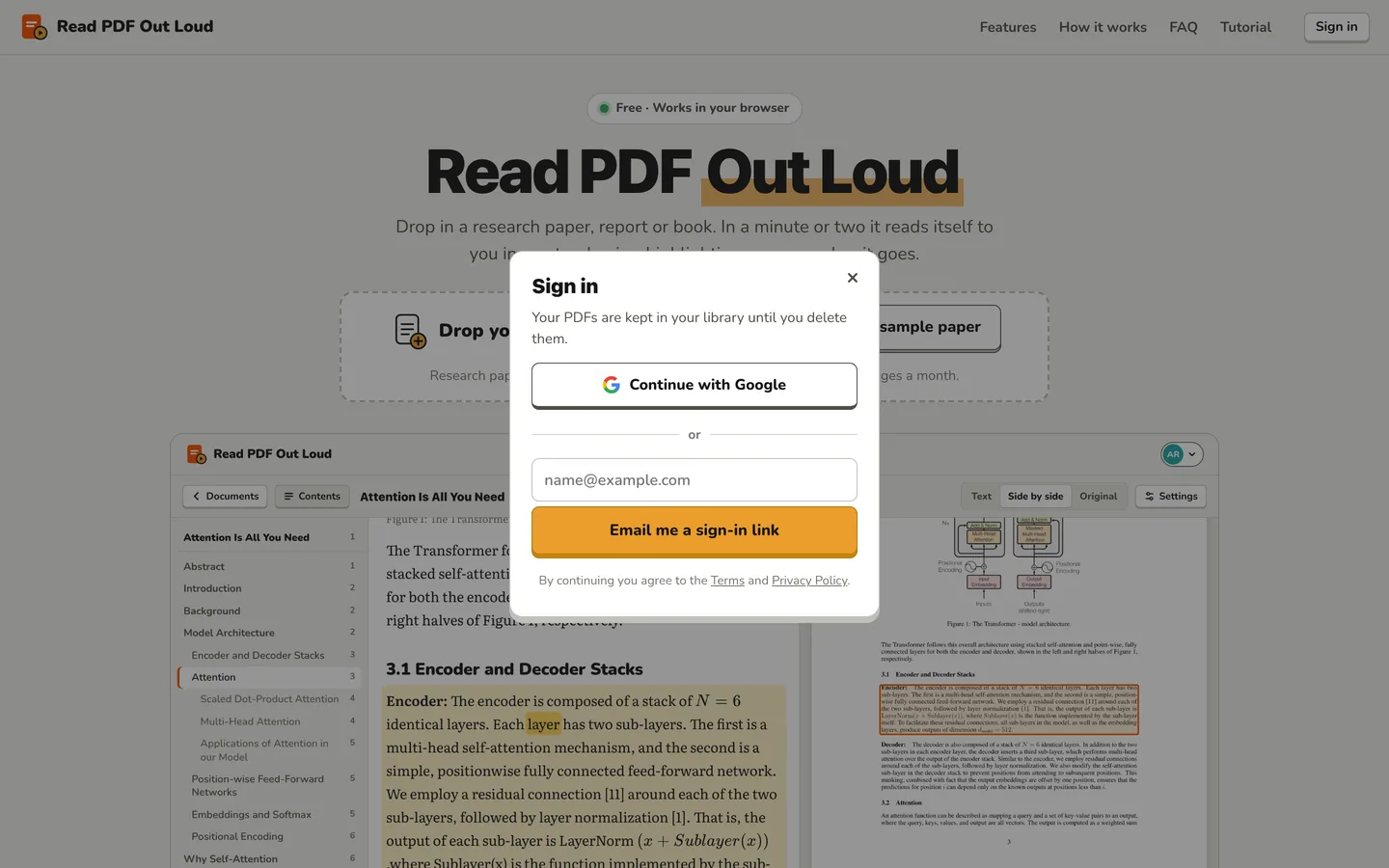 The sign-in window: a Continue with Google button, and an email field with an Email me a sign-in link button.
