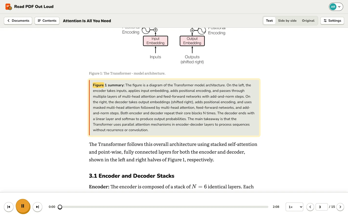 A summary box open below Figure 1 of the paper, explaining the Transformer architecture diagram while it is read aloud.